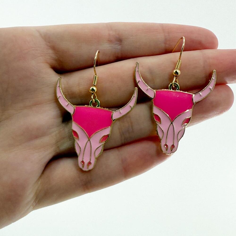 Pink Bull Skull Dangle Earrings, Bull Skull Earrings, Animal Skull Dangle Hoops